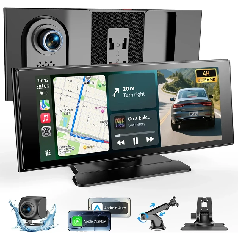 WonVon Wireless Car Play Screen, 10.26'' Monitor with Apple Carplay & Android Auto, 4K Dash Cam 64G, 1080P Backup Camera, Portable Smart Touch Tablet Stereo Multimedia Dashboard, Bluetooth/FM/GPS/AUX