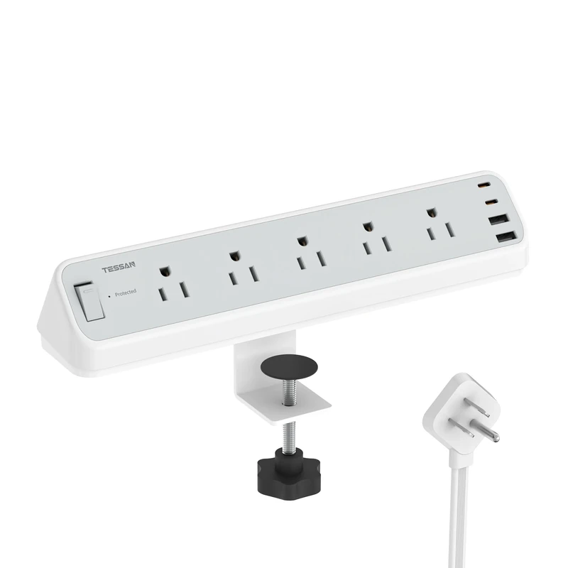 TESSAN 10ft Clamp Power Strip - 5 Outlets, 4 USB (2 C), 2100J Surge