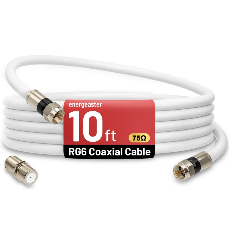energeaster 10FT RG6 Coaxial Cable with F-Type Connector, Coax Cable Cord Extender, High Speed Internet, Indoor Broadband and Digital TV Aerial for Satellite, Antenna, DVR, VCR, HDTV, White