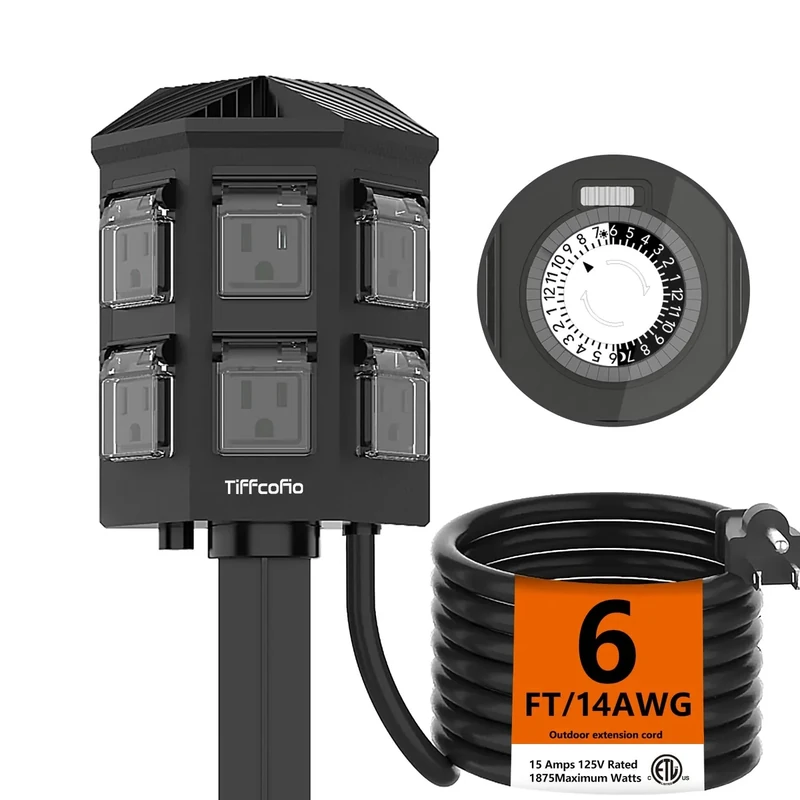 TiFFCOFiO Power Strip - Waterproof, 6ft Cord, 6 Outlets, 24hr Timer