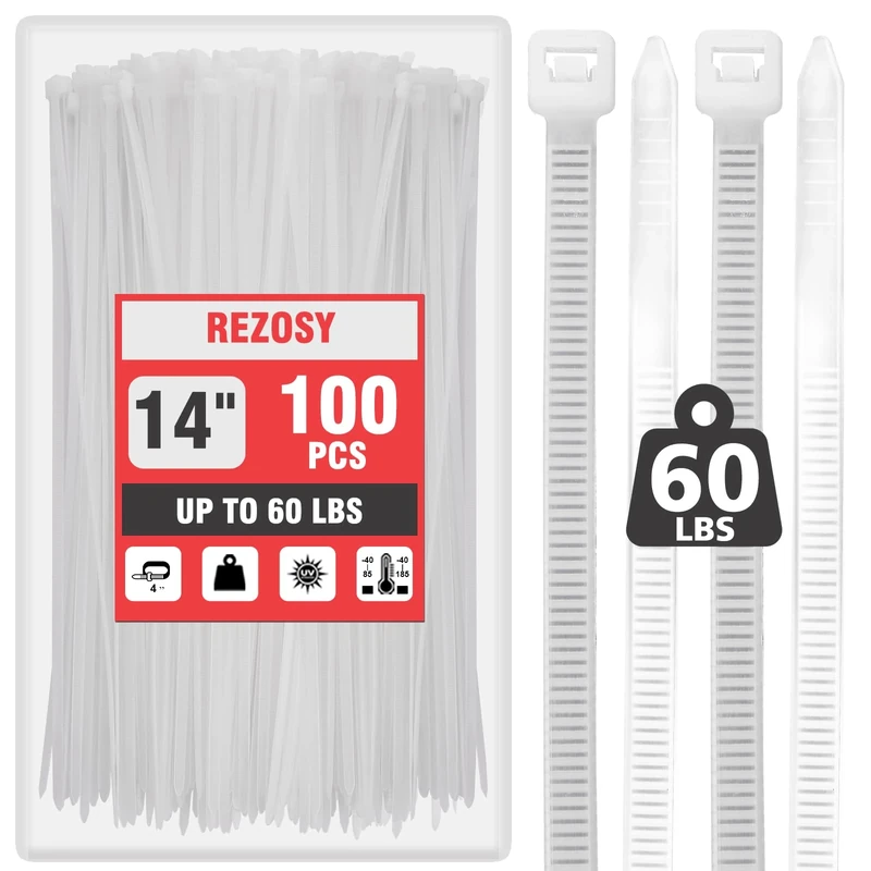 REZOSY White Clear Zip Ties 14 Inch (100 Pack) - 60 lb Heavy Duty UV Resistant Self-Locking Nylon Cable Ties for Outdoor Use