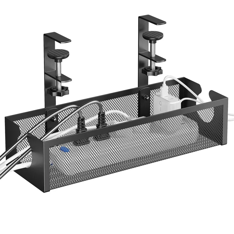 Delamu Under Desk Cable Tray - No-Drill Metal Mesh with F-Clamp, Black