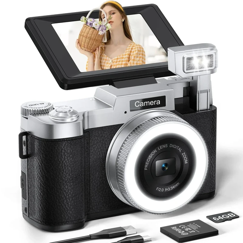 FLATIC Digital Camera, 4K 64MP Cameras for Photography with 64GB Card, 18X Zoom Autofoucs Vlogging Camera for YouTube with 180° Flip Screen, Compact Vlog Travel Camera Kit for Beginner, Teens