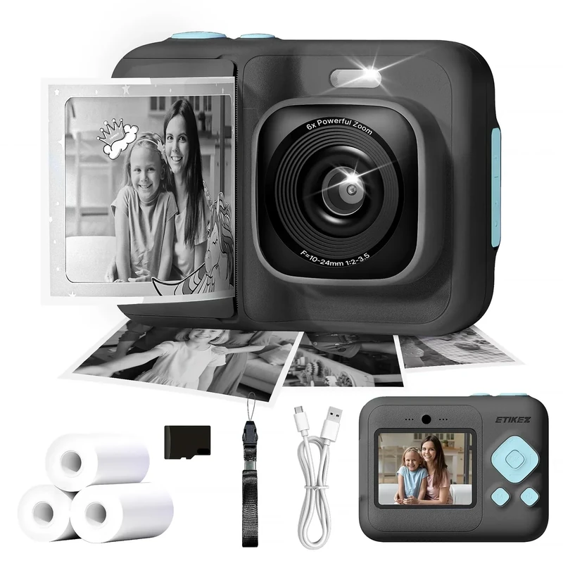 ETIKEZ 1080P Kids Camera - 32GB SD Card, 3 Paper Rolls Black