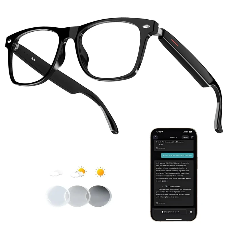MNVOEQ Ai Wireless Bluetooth Translation Smart Glasses with 140+ Languages Real-Time Translation for Men/Women,Travelling/Business Communicating/Driving(E13+AI+Color Change Lenses+Black)