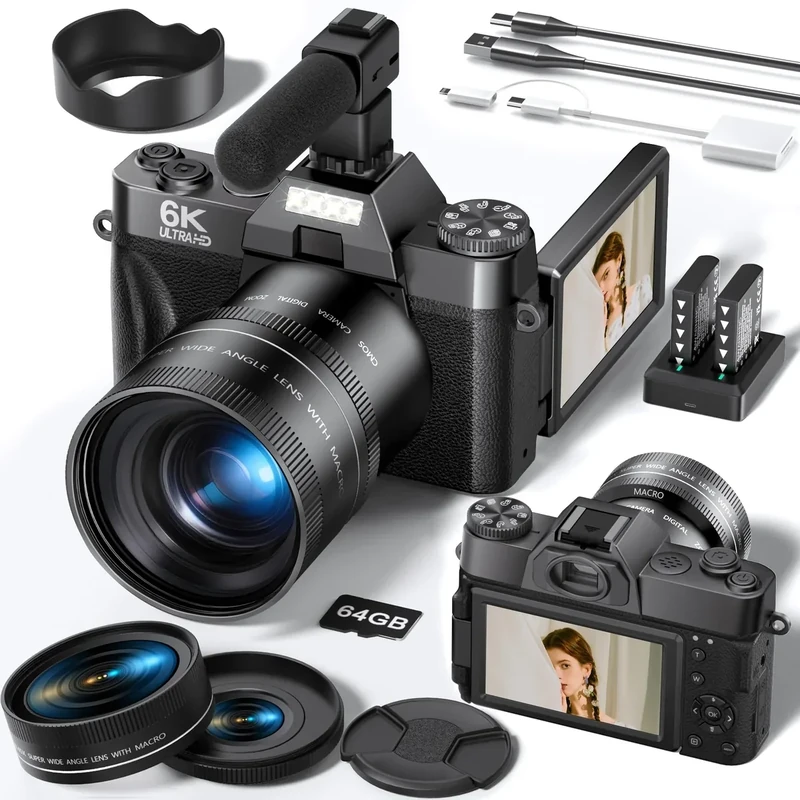 FLATIC Cameras for Photography, 6K 64MP Digital Camera with WiFi & Microphone for Youtuber, 16X Zoom Vlogging Camera with 180°Flip Screen, 64GB Card, 2 Batteries, Macro & Wide-Angle Lens, Card Reader