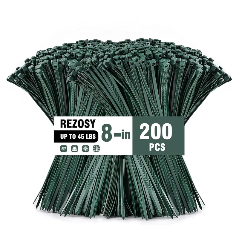REZOSY (200 Pack), Zip Ties - 8 Inch Green,Multi-Purpose Self Locking Cable Ties， Ultra Strong Plastic Wire Ties with 45Pounds Tensile