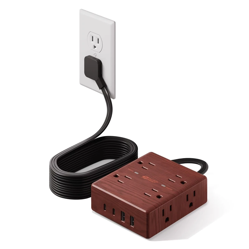 SUPERDANNY 10ft Brown Power Strip - 8 AC Outlets, 4 USB (2C) Surge