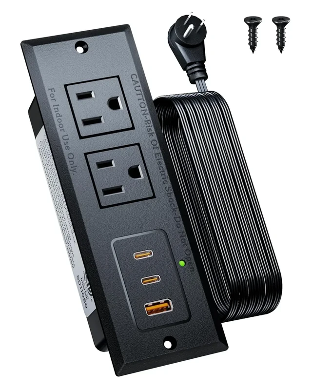 Recessed Power Strip with 20W USB C Port, Fast Charging USB A Port Conference Recessed Outlet, Space-Saver for Furniture Side Table, End Table, Desk Outlet with 6ft Cord, 45° Thin Flat Plug, Black