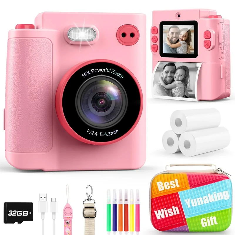 Yunaking Kids Instant Print Camera - 32GB SD Card, Girls 3-12