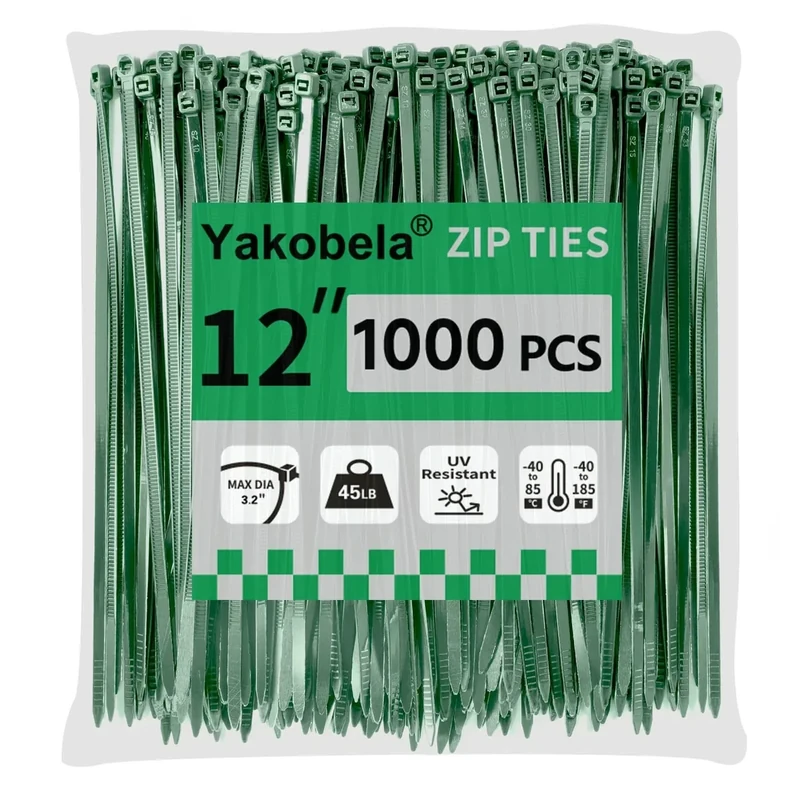 Yakobela Green Zip Ties 12\" 1000 Pack - 45lb UV & Cold Resistant