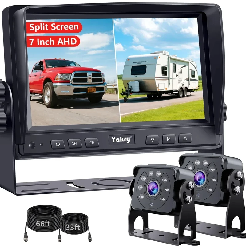 Yakry Dual RV Backup Camera - 7" HD Split Screen, IR Night Vision