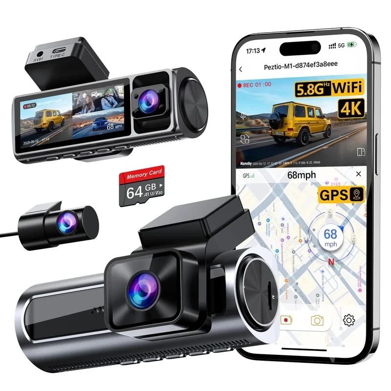 Nanoby 4K Dash Cam Front/Rear/Inside - 5.8GHz WiFi GPS, 64GB Card