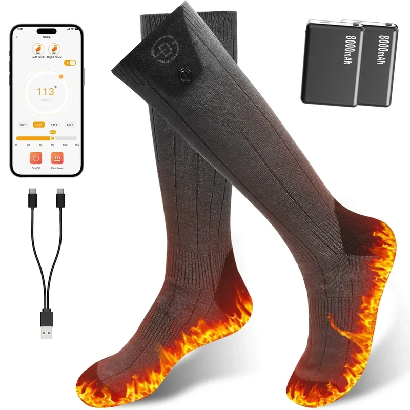 Netraty Heated Socks for Women Men, 8000mAh Rechargeable Battery Foot Warmer Hiking Socks Up to 10 Hours, APP Controlled Electric Heated Socks with 4 Heating Levels for Camping Skiing