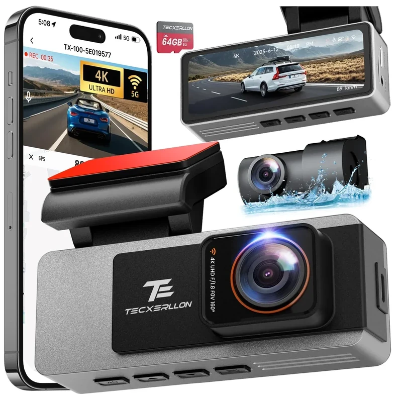 TECXERLLON Dual Dash Cam 4K Front/2K Rear GPS WiFi Night Vision