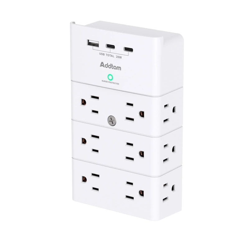 Addtam 12-Outlet Wall Mount Surge Protector with 3 USB Ports (20W)