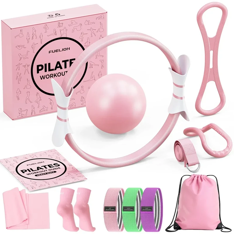 Fuelion Pilates Ring Set for Women, Home Workout Pilates Equipment with Resistance Bands, 14'' Magic Circle, Mini Ball, Pilates Starter Kit for Strength, Toning and Flexibility