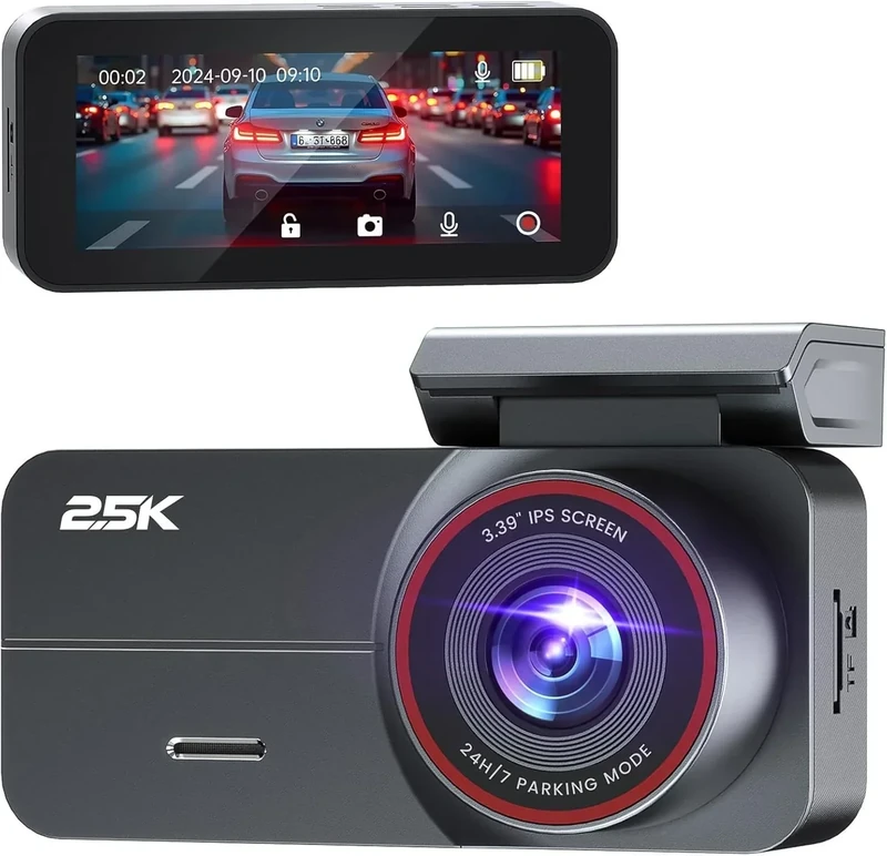 Dash Cam Front and Rear, 2.5K /1080P QHD Dual Dash Camera for Cars, Super Night Vision Dashcam, Loop Recording, 3.39” IPS, 64GB Card Included, 160° Wide Angle, Parking Mode - Velvet Black Baseline