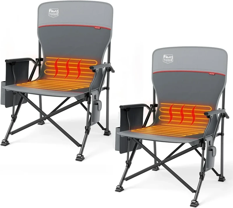 TIMBER RIDGE Oversized 2 Pack Heated Camping Chair for Outdoor Sports, High Back Padded Lawn Chair for Adults Support Up to 500lbs with Cup Holder, Side Pocket(Power Bank not Included)