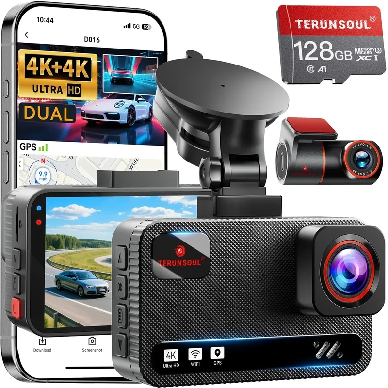 TERUNSOUl 4K+4K Front & Rear Dash Cam with 128GB Card, WiFi GPS, 170 Wide Angle, 24H Parking