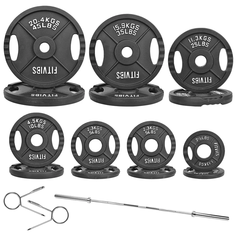 Fitvids Olympic 2-Inch Cast Iron Weight Set, 7FT Olympic Barbell with 255LB Weight Plates, 300 LB Style B