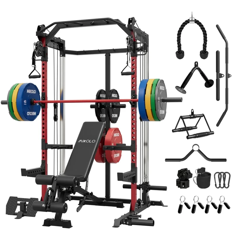 Mikolo Power Cage, 2000LB Power Rack with Independent Dual Pulley System, Multi-Function Home Gym Workout Machine for Cable Crossover (370LBS, Red)