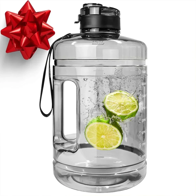 QD.SUZEE 1 Gallon Water Bottle, Water Jug with Motivational Time Marker & Strap & Handle,Large-Capacity leakproof water bottles for Travel Sport Gym Outdoor（Clear