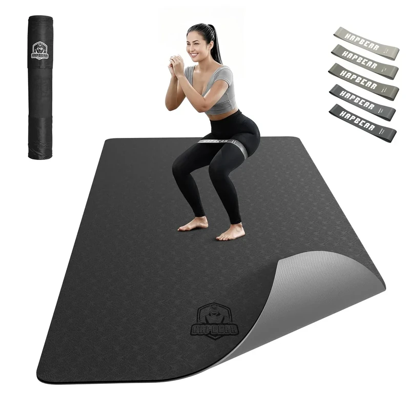 HAPBEAR Yoga Mat, Extra Large, Double Sided Eco Sports Mat, TPE Fitness Mat, Anti-Slip, Pilates, Training, Carrying Bag, Resistance Band Included, Two Colors (Black & Gray)