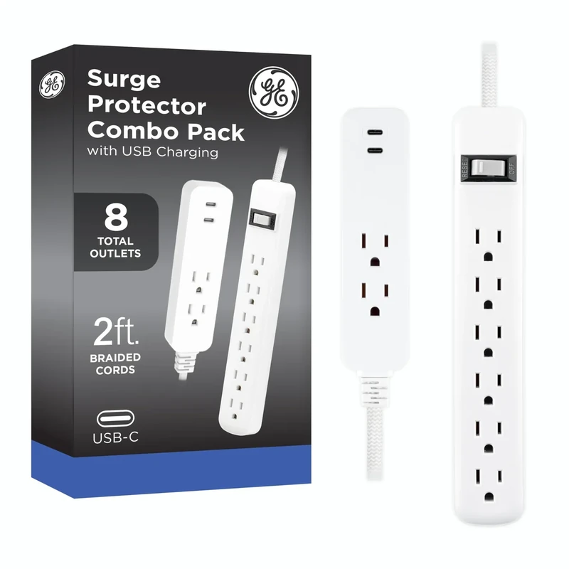GE Surge Protector Pack - 6+2 Outlets, 2 USB-C, 245J, 2ft Braided