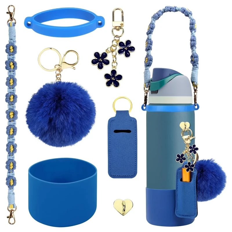 Compatible for Owala Accessories Bundle: Silicone Boot for 24oz & 32oz Bottles, Charms, Handle, Strap, Rubber Bottoms, and Decorative Add-ons for Your Compatible for Owala Water Bottle, Denim