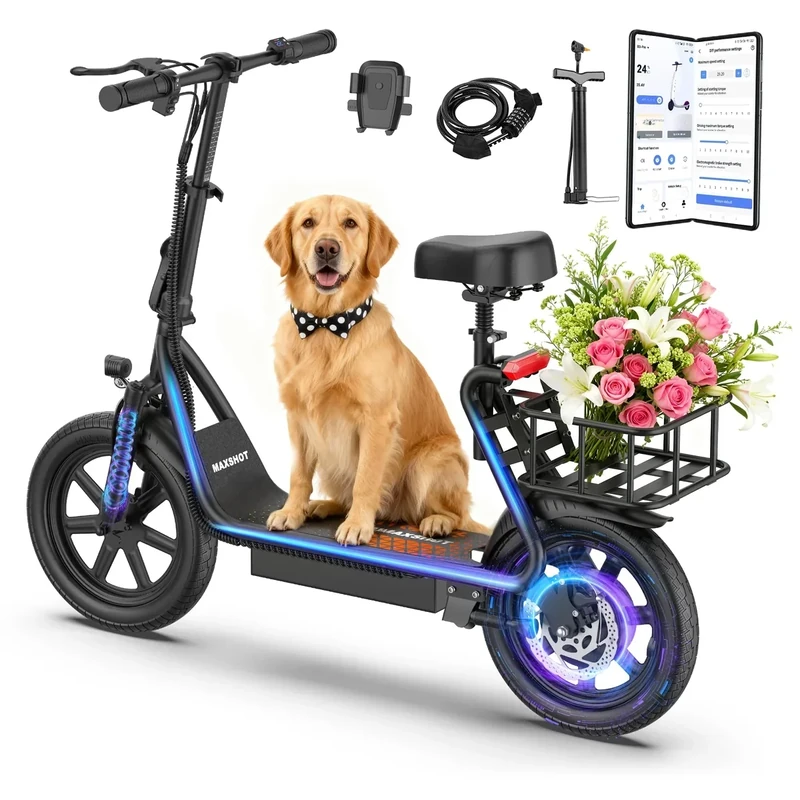 MAXSHOT 48V Electric Scooter for Adults, Foldable with Seat, 750W Peak Motor, 49 Miles Long Range, 22 MPH, 14" Pneumatic Tires, Dual Shock Absorbers, Rear Basket, APP Control