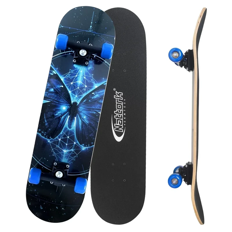 Nattork 31 Inch Complete Skateboard, Standard Skateboards Gift for Beginners, Wood 9 Layer Canadian Maple Trick Skate Boards for Boys Girls Youth Teens Blue Butterfly