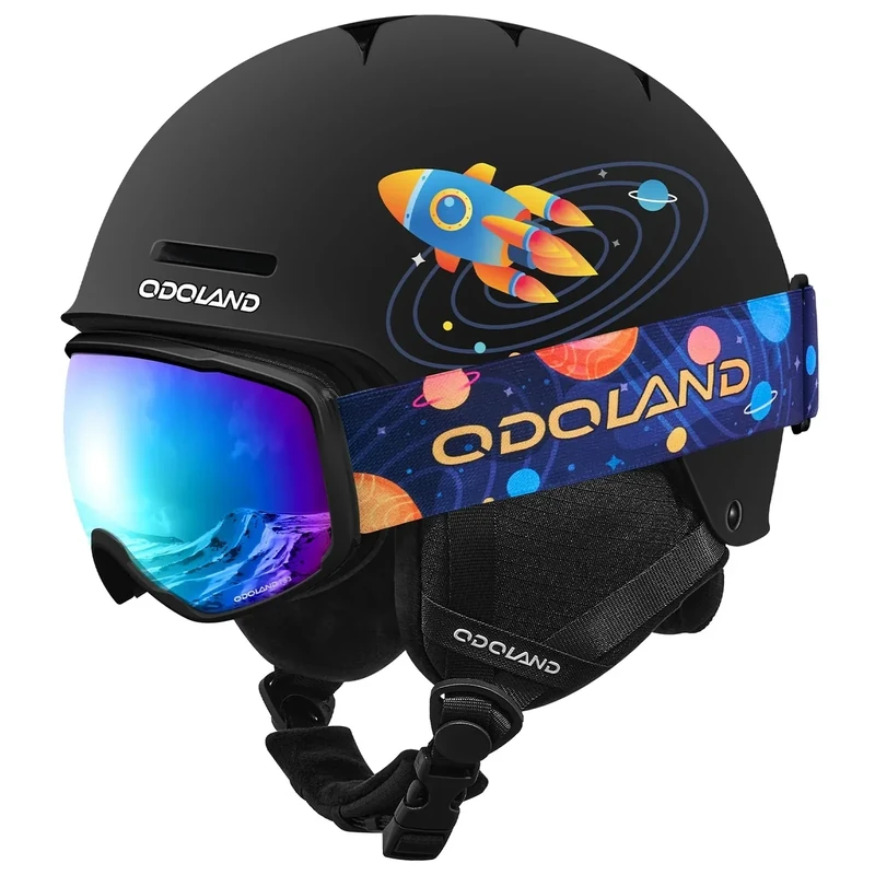 Odoland Kids Ski Helmet, Snow Helmet with Ski Goggles for Boys and Girls, Safety Youth Snowboard Sports Helmets and Goggles Set for Children Ages 6-14, Black Rocket, XS