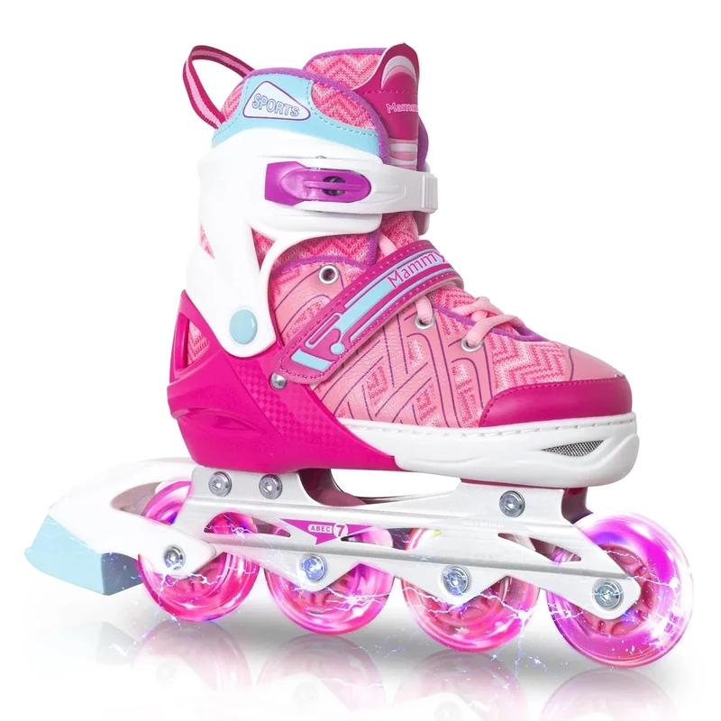 Inline Skates for Girls Boys, Outdoor Adjustable Roller Skates for Kids Youth with Beginners Full Illuminating Safe Durable Pink Size 10C 11C 12C 13C