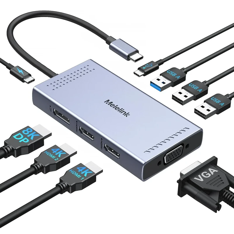 USB C Docking Station Dual HDMI Monitor Adapter, Melelink USB C Hub 3 Monitors with 2X HDMI 4K, 8K Displayport, VGA, 100W PD, USB C&A Ports, 9 in 1 Laptop Docking Station for Dell, HP, Lenovo, etc