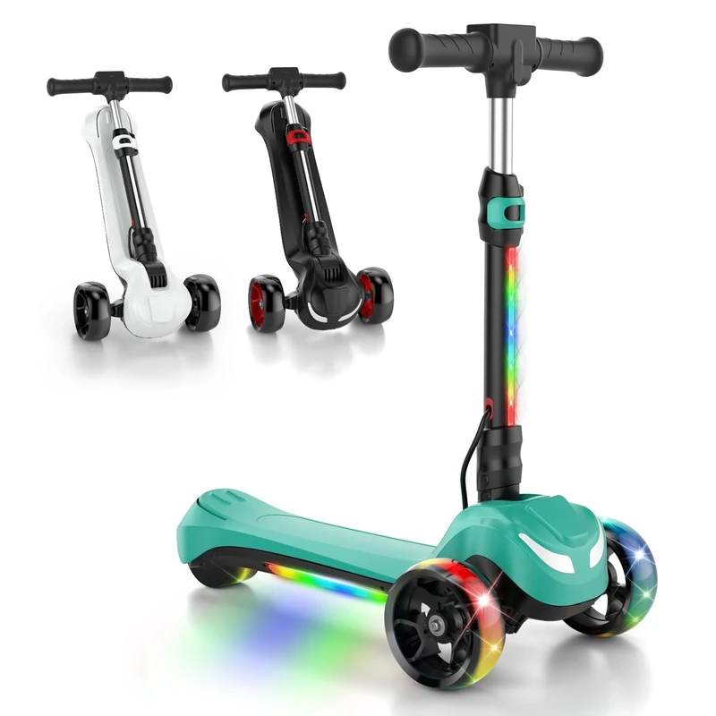 Electric Scooter for Kids Ages 3-8, 3-Wheel Electric Scooter, Electric Kick Scooter with 2 Speed, Long Battery Life, Bluetooth Music, LED Wheels, Gift for Kids