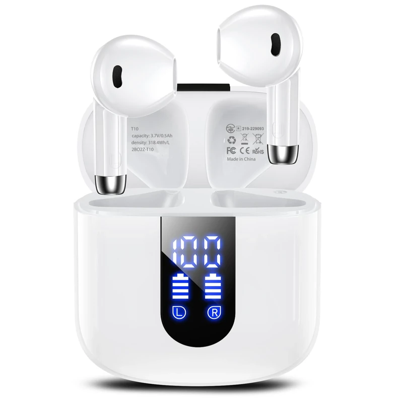 Haqquio Wireless Earbuds, Bluetooth Headphones with Deep Bass Stereo, 48H Playback Ear Buds with LED Power Display, Lightweight, IPX7, in-Ear Earphones with Mic for iPhone/Android/iPad, White