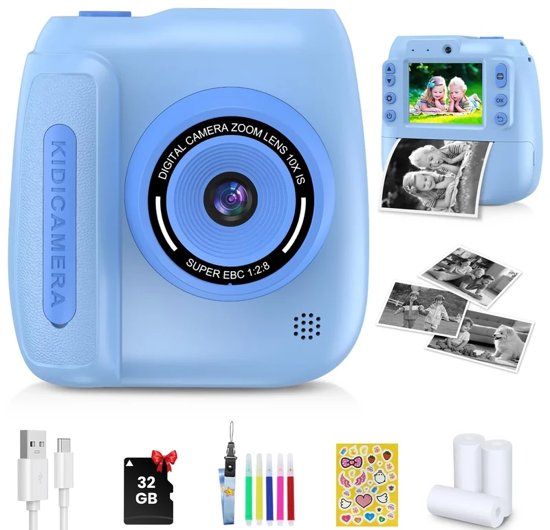 FZIFZI Kids Instant Camera - 2.4" Screen, 1080P Video, 32GB Card, Blue