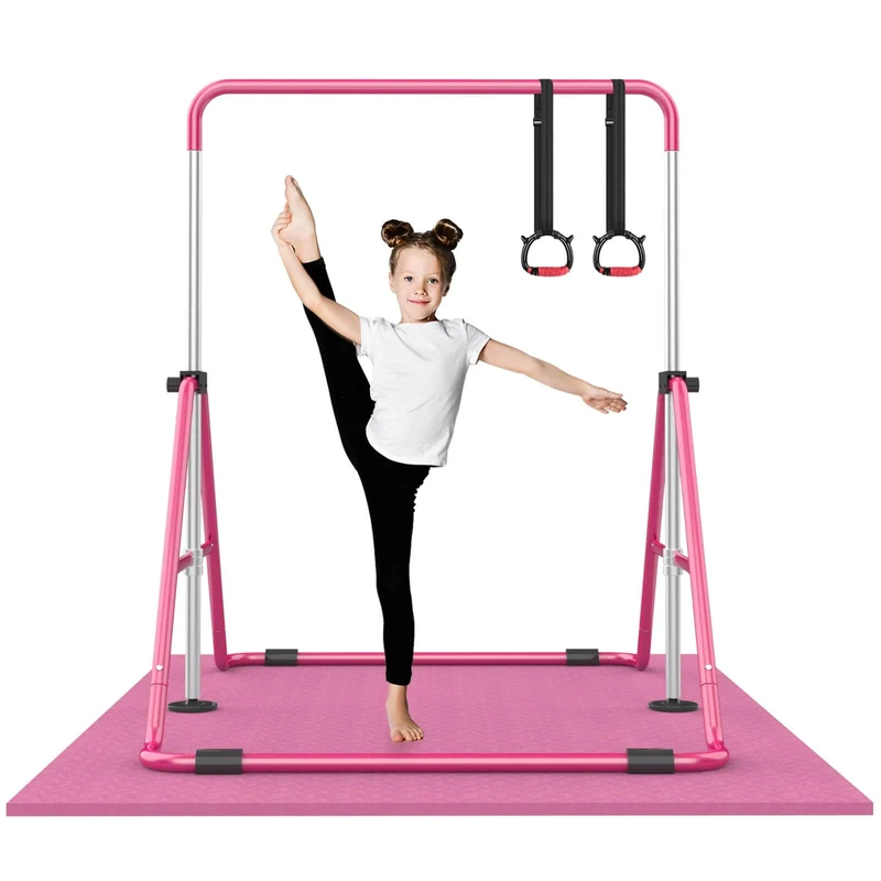 Nimsqury Foldable Gymnastics Bar, 5-Height Adjustable Gymnastic Bars for Kids at Home,Robust & Stable for Indoor/Outdoor Using,Weight Limit 140LBS (Pink with Mat)