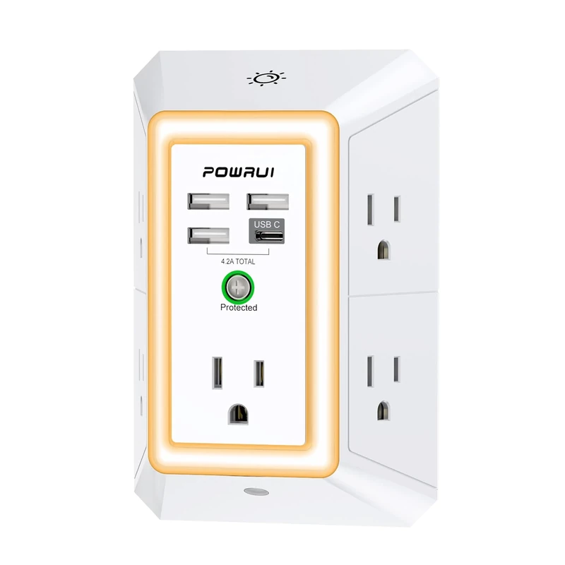POWRUI Outlet Extender - Night Light, 5 Outlets & 4 USB (1 USB-C)
