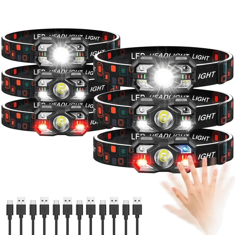 Northlet Headlamp Rechargeable 6Pack, 3000 Lumen Ultra-Light Bright Headlamp Flashlight with White Red Light, LED Headlight Motion Sensor, 5+5 Mode for Outdoor Camping Fishing Running Hiking (6)