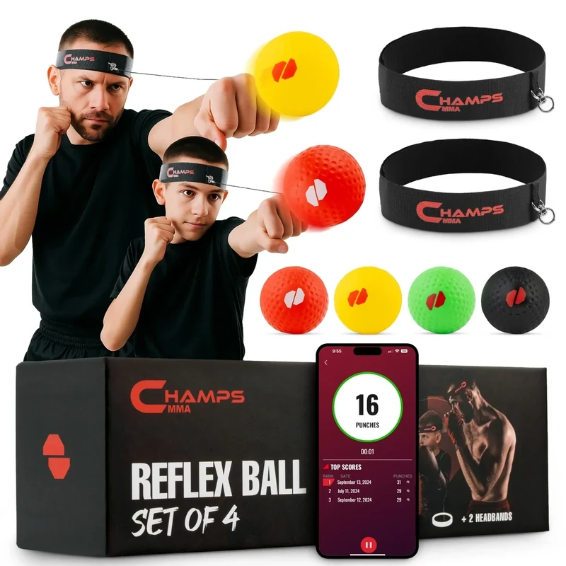 Boxing Reflex Ball Set with Punch Counter App– 4 Box Balls with Varying Weights, 2 Headbands and 4 Spare Strings to Improve Speed, Hand-Eye Coordination for Men, Kids Boxing Equipment MMA Gear Gift