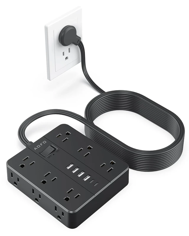 AOFO 25FT Surge Protector Power Strip,12 AC Outlets with 6 USB Ports (2 USB-C), Flat Plug Extension Cord with Multiple Outlets, Wall Mount for Home Office,Dorm, Black
