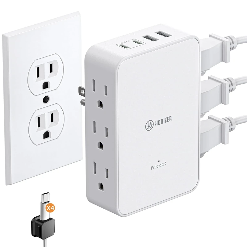 HONIZER 10-in-1 Outlet Splitter - 6 AC, 2 USB-A, 2 USB-C, 1200J Surge