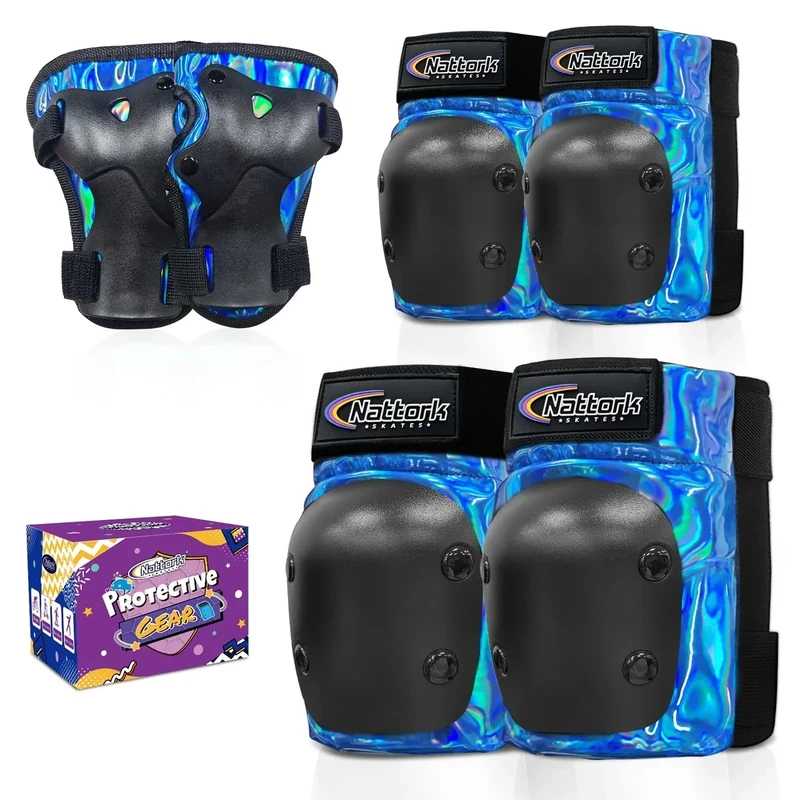 Nattork Knee Pads for Kids Youth Audlt，Knee and Elbow Pads with Wrist Guards 6 in 1 Protective Gear Set for Skateboard, Roller Skate, Inline Skates, Cycling and Scooter Boys Girls