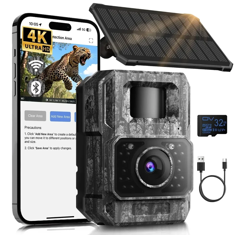 MAXDONE Solar Trail Camera WiFi Bluetooth - 4K 64MP Game Camera with 6000mAh Battery, Rechargeable Trail Cam with Night Vision Motion Activated IP66, Wildlife Cameras Deer Cams for Outdoor Backyard
