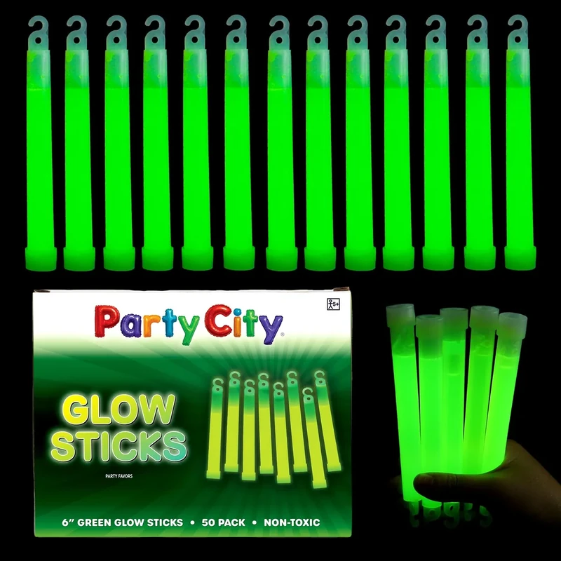 Party City Green Glow Sticks Bulk Pack 6”- 50pk Glow in the Dark Sticks for Kids, Waterproof Camping Survival Ultra Bright Emergency Light Stick with String, Neon Glowsticks Party Supplies Favors - Image 1