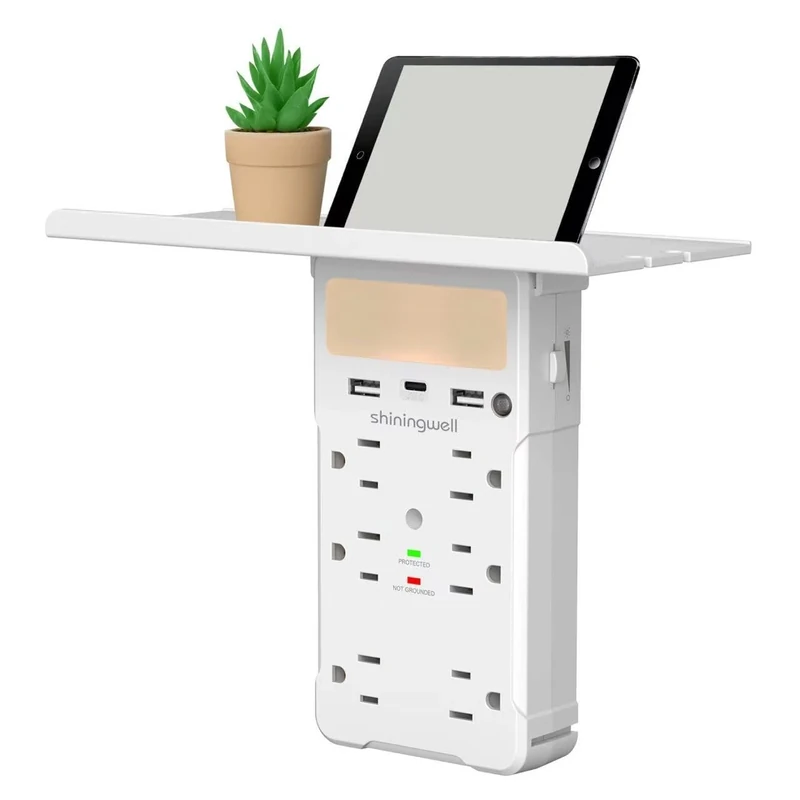 shiningwell Outlet Extender Shelf Night Light, 6 AC & 3 USB (White)