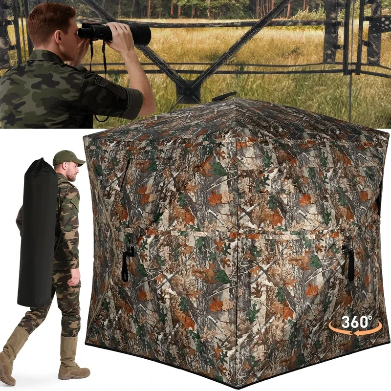 TLC Sport Hunting Blind with Carrying Bag, 360 Degree See Through Ground Blind for 2-3 Person, Camouflage Pop Up Hunting Tent Portable Concealed