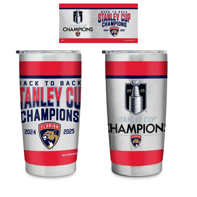 Rico Industries NHL Hockey Florida Panthers Back To Back Champions 2025 20oz Stainless Steel Tumbler with Lid - Great For Coffee, Tea, Water or Cocktails